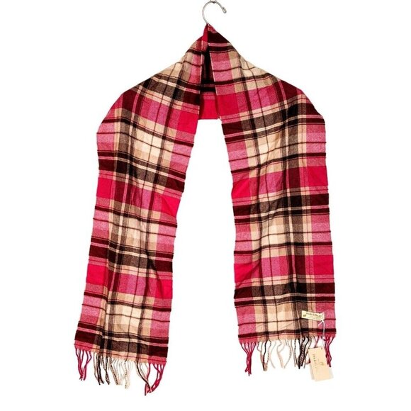NWT Peck & Peck 100% Cashmere Wool Tasseled Scarf in Pink and Beige Tartan Plaid - Picture 1 of 3